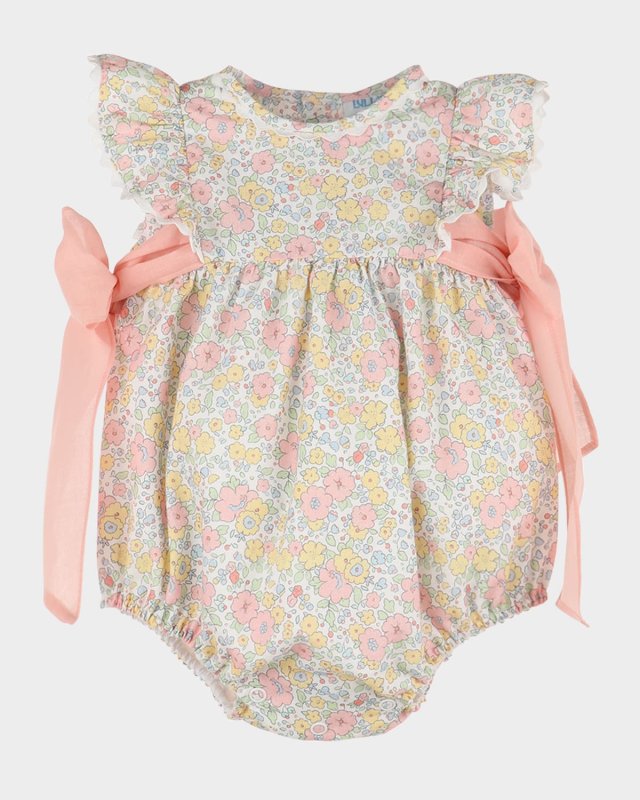 Girl's Floral-Print Bubble Romper W/ Bows, Size 6M-24